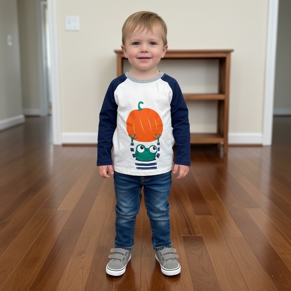 Kids Long Sleeve Tee with Pumpkin and Frog Design